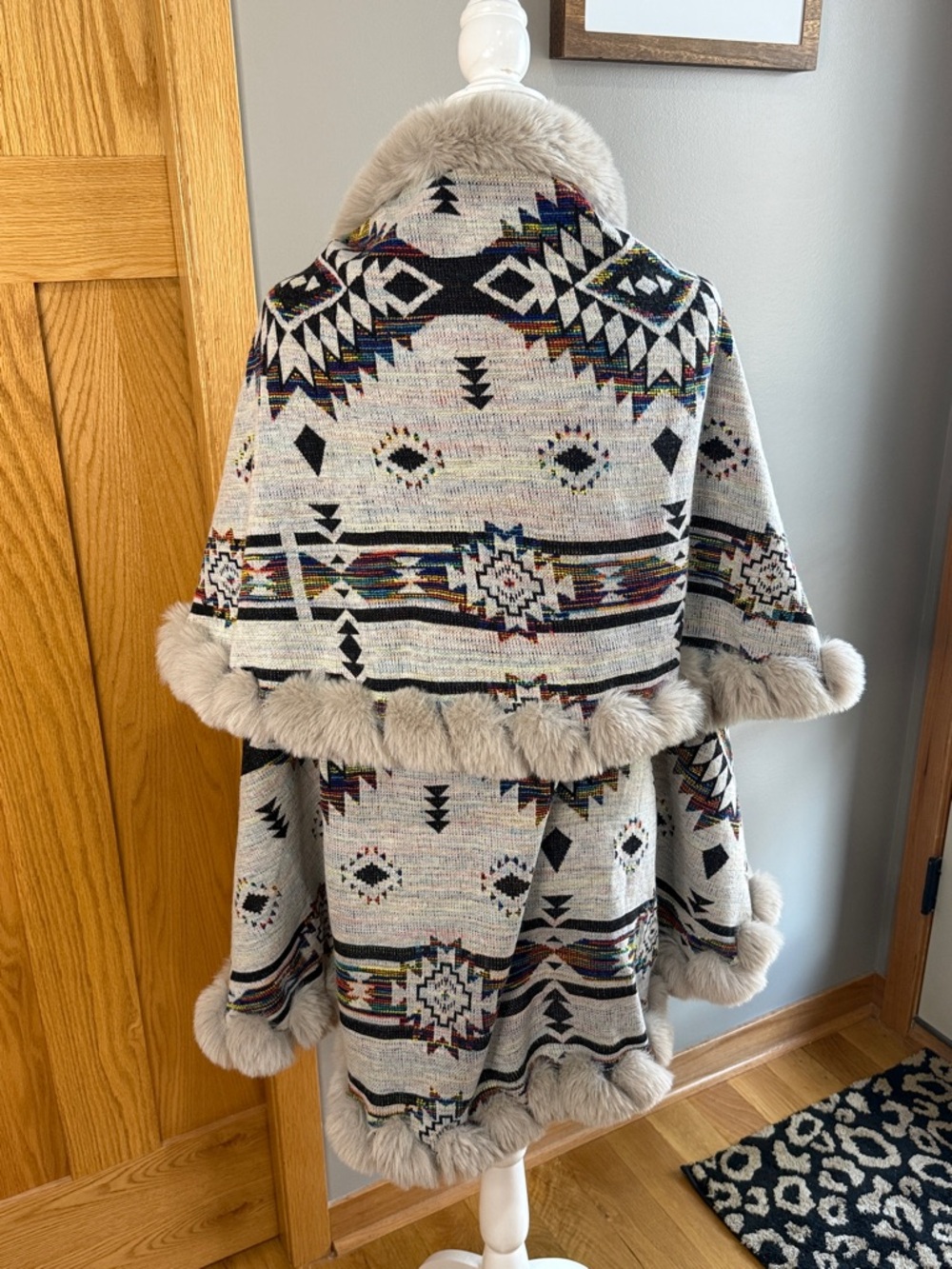 Faux Fur Trim Aztec Cape Poncho - Taupe - Picture 3 of 6